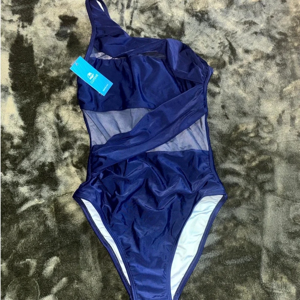 CUPSHE One Shoulder Mesh Swimsuit One Piece Womens XS‎ Navy Tummy Contouring